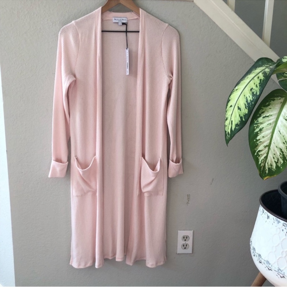 Michael Stars Pink Long Open Cardigan duster with front pockets size XS